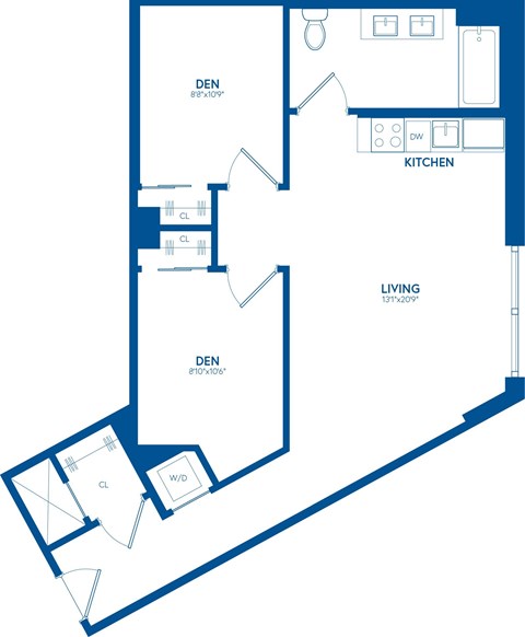 Floor plan for 2 beds, 1 bath, 812 sqft